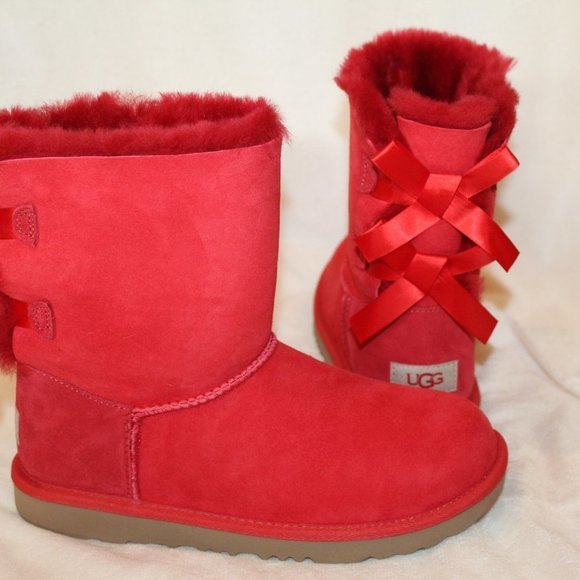 NIB UGG GIRL'S BAILEY BOW RIBBON SUEDE SHEARLING CLASSIC SHORT BOOTS RED - Picture 4 of 7